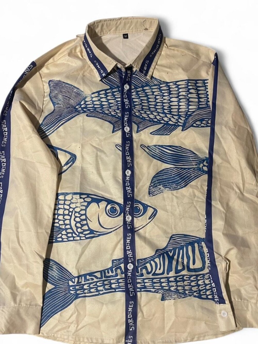 Vintage Sardine Print Button Up Shirt - Blue Fish Graphic - Size Medium